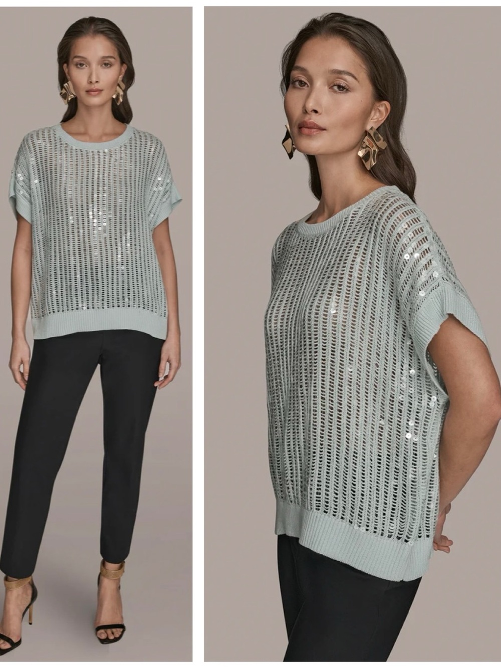 NWT Donna Karan NY Open Knit Sequin Sweater XL Mint Aqua Lightweight Pullover